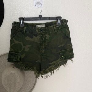 Free People Olive Camo Frayed-Hem Cargo Shorts